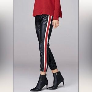 David Lerner New York Black Faux Leather Side Racing Stripe Jogger Pants Small